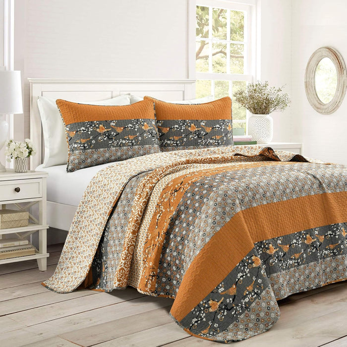 Lush Decor Royal Empire Reversible Cotton Quilt Set, 3 Piece Set King, Peacock - Striped Bedding Set - Floral Quilt King Size - Blue Bedding - Boho Decor