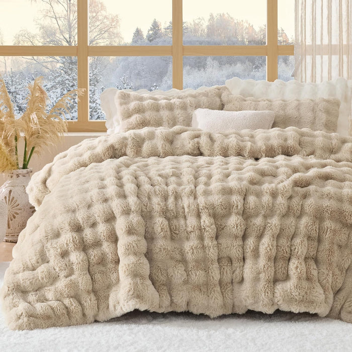 Bedsure Faux Fur Queen Comforter Set - Beige Fluffy Comforter Queen Size, Soft and Cozy Shaggy Bedding Comforter Sets, Winter Warm Luxury Fuzzy Bed Set 3 Pieces, 1 Comforter and 2 Pillowcases