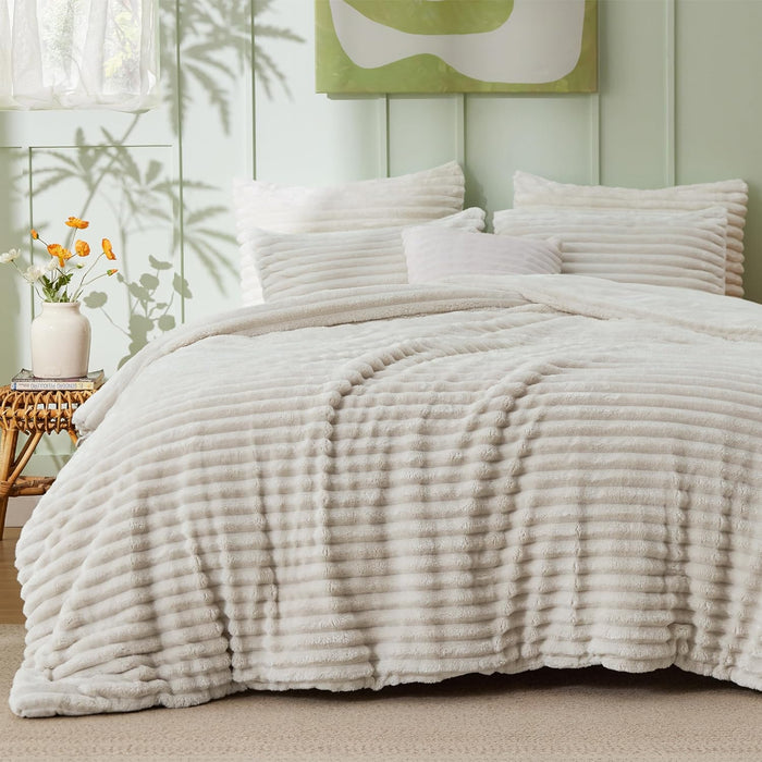 Bedsure Fluffy Comforter Set Queen - Super Soft Faux Fur Bed Set Cream White, All Seasons Warm Plush Fleece Bedding, 3 Pieces, 1 Shaggy Fuzzy Queen Size Comforter with 2 Pillowcases