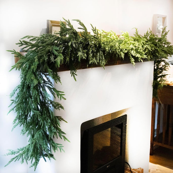 9ft Handmade Christmas Garland,Artificial Cypress Cedar Pine Needles Greenery Seasonal Garland for Christmas Fireplace Winter Holiday Indoor Outdoor Decoration