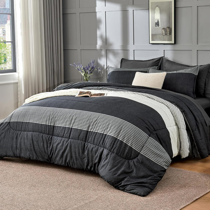 Andency Queen Comforter Set Mineral Blue - 7 Pieces Blue Striped Lightweight Bed in a Bag, Soft Microfiber Reversible Bedding Set with Comforter, Fitted & Flat Sheet, Pillowcases & Shams