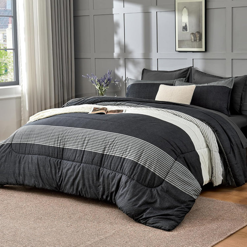 Andency Queen Comforter Set Mineral Blue - 7 Pieces Blue Striped Lightweight Bed in a Bag, Soft Microfiber Reversible Bedding Set with Comforter, Fitted & Flat Sheet, Pillowcases & Shams