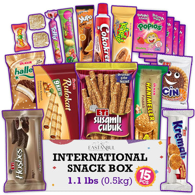 Eastanbul International Snack Box, Premium 15 Full-Size Foreign Snack Box, From Around The World International, Sweet, Savory, Chewy, Crunchy