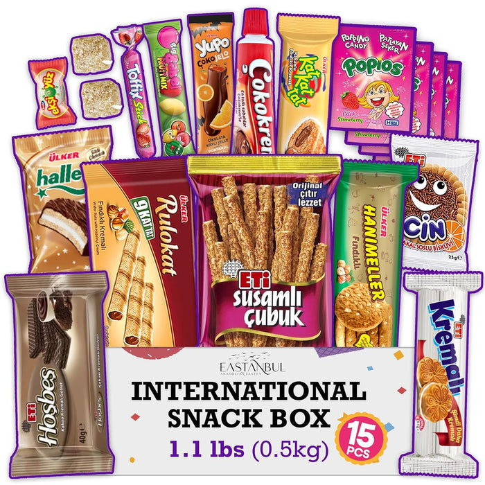 Eastanbul International Snack Box, Premium 15 Full-Size Foreign Snack Box, From Around The World International, Sweet, Savory, Chewy, Crunchy