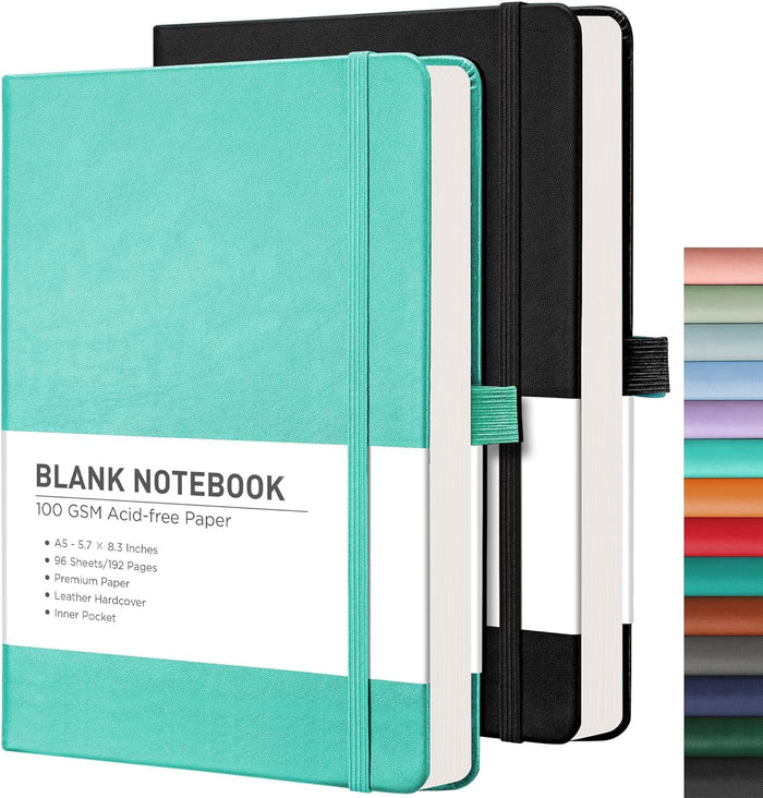 RETTACY Lined Journal Notebook, 2-Pack, 192 Numbered Pages per Pack, A5 Medium Size (5.7'' x 8.3''), for Men & Women, Writing, Work, Leather Hardcover, 100 GSM Thick Paper (Black & Dark Green)