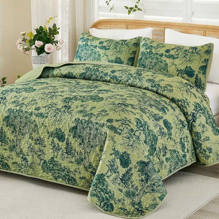 WONGS BEDDING Botanical Quilt Set Queen Size, Sage Green 3 Pieces Toile Floral Plants Printed Bedspread Bedding Set Soft Lightweight Microfiber Coverlet Set for All Season (96"x90")