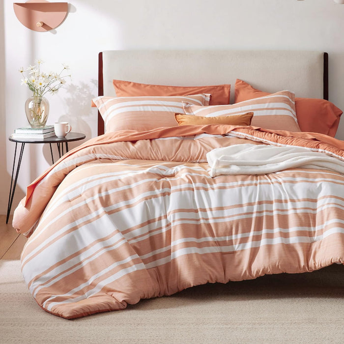 Bedsure Queen Comforter Set 7 Pieces, Frost Grey Striped Bedding Set for All Seasons, Reversible, Cationic Dyeing Bed in a Bag with Comforter, Sheets, Pillowcases & Shams