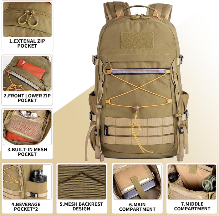 25L Outdoor Tactical Backpack Men's Assault Pack Backpack laptop backpack Waterproof Travel Backpack (Khaki)
