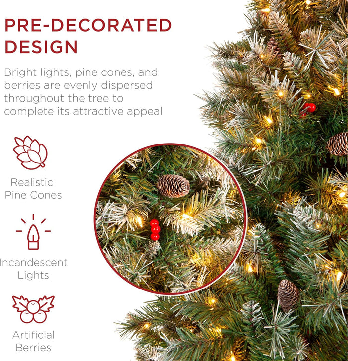 Best Choice Products Christmas Tree Pre-Lit, Pre-Decorated Artificial 7.5ft Frosted Pine Holiday Decoration w/Frosted Tips, Pine Cones, Berries