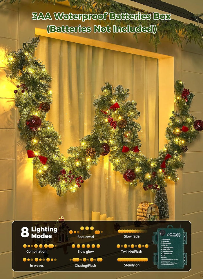 Brightown 9FT Christmas Garland with Lights, Battery Operated Prelit Garland with Pinecones, Berries, Bows, Ornaments, 100 LED White Lights, 8 Modes, Timer, for Mantle, Stairs, Fireplace, Door, Fence