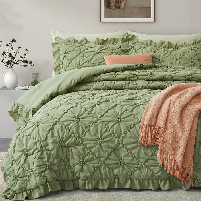 BEDAZZLED Queen Size Comforter Sets, Beige Bedding Comforter Set, 3 Pieces Pinch Pleat Bedding Sets with Comforter and Pillowcases Soft Farmhouse Shabby Chic Comforter for All Season
