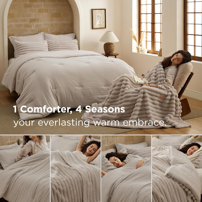 Bedsure Gentlesoft 2-in-1 Queen Comforter Set and Detachable Fluffy Blanket, Beige Bedding Set for All Season Use, SnapTech Design for Space Saving (Includes 2 Pillow Shams, 2 Pillowcases)
