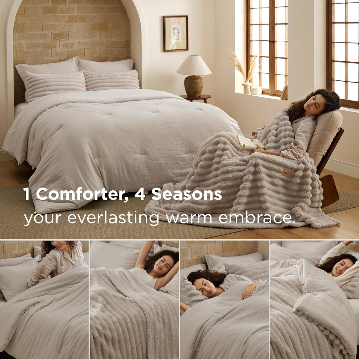Bedsure Gentlesoft 2-in-1 Queen Comforter Set and Detachable Fluffy Blanket, Beige Bedding Set for All Season Use, SnapTech Design for Space Saving (Includes 2 Pillow Shams, 2 Pillowcases)