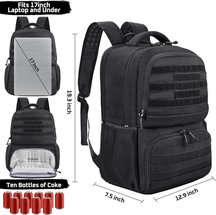 MOZETO Laptop Lunch Backpack for Men, Tactical Inspired Utility Anti-Theft Work Bag with Cooler Compartment Lunchbox (Black, 17 Inch)