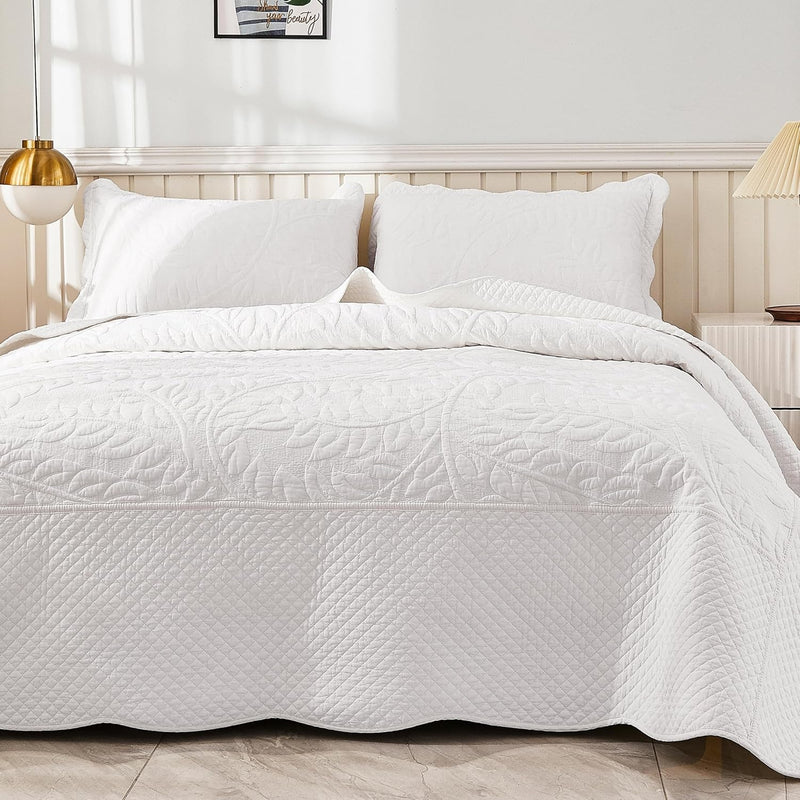 MarCielo 3-Piece 100% Cotton Oversized Bedspread Lightweight Quilt Coverlet Embroidery Farmhouse Bedding Set (TG Bright White, Oversized King (118"x106"))