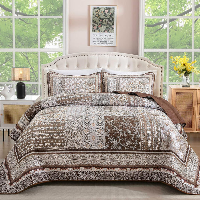 WONGS BEDDING Yellow Quilt Set Queen,Bohemian Patchwork Bedspread Coverlet Set, Reversible Boho Floral Pattern Bedspreads Bedding Quilt Set for All Seasons (96"x90")
