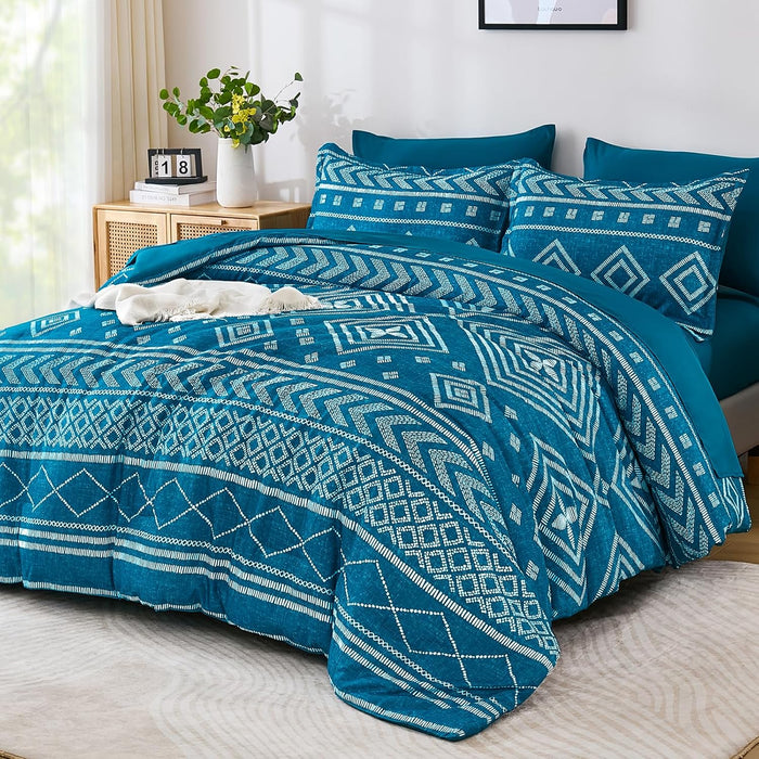 Yiran Black Comforter Set Queen Size, Boho Aztec Comforter Bedding Set, 7 Piece Bohemian Summer Bed in a Bag, Soft Microfiber Striped Complete Bedding Set with Sheets for All Season