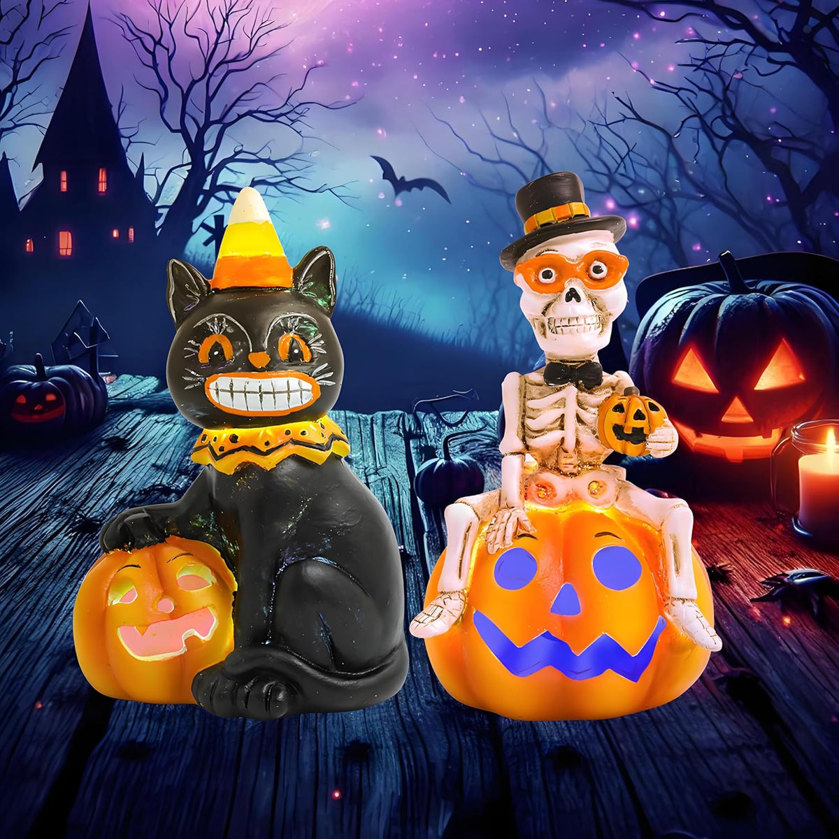 Halloween Gnomes and Witch Figurines - 2Pack Lights Up Fall Gnome Ornaments - 4.5'' Resin Indoor Halloween Decor for Women (Gnomes)