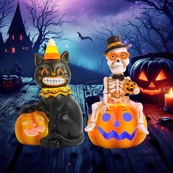 Halloween Gnomes and Witch Figurines - 2Pack Lights Up Fall Gnome Ornaments - 4.5'' Resin Indoor Halloween Decor for Women (Gnomes)