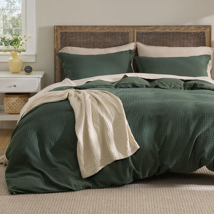 Bedsure Luxury Waffle Duvet Cover King Size - Textured Duvet Cover Set, Soft, Breathable Bedding Set (104"x90") with 2 Pillow Shams for All Season, Olive Green, Comforter Not Included