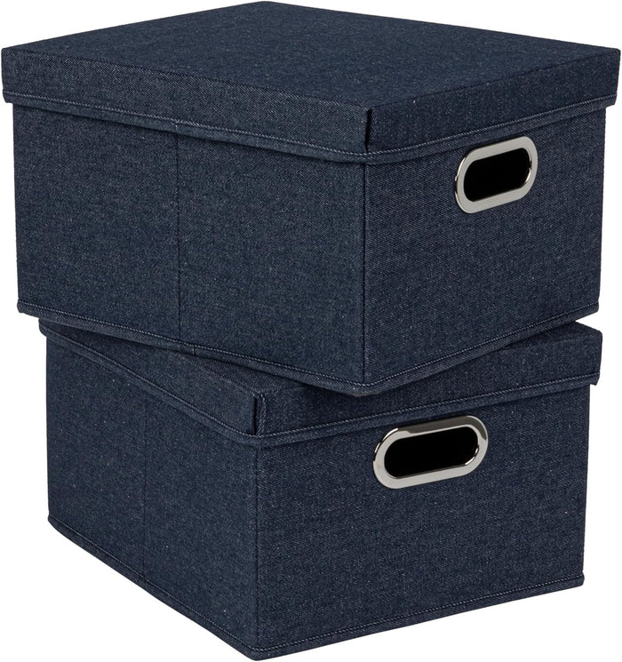 Household Essentials Fabric Storage Boxes with Lids and Handles, Blue