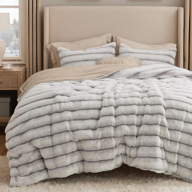 Bedsure Faux Fur Queen Comforter Set - Beige Fluffy Comforter Queen Size, Soft and Cozy Shaggy Bedding Comforter Sets, Winter Warm Luxury Fuzzy Bed Set 3 Pieces, 1 Comforter and 2 Pillowcases