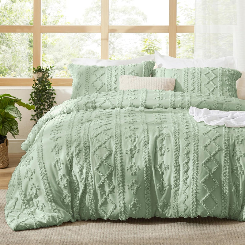 Bedsure Tufted Boho Comforter Set Queen Size - Beige Boho Bed Set, GentleSoft™ 3 Pieces Farmhouse Shabby Chic Embroidery Bedding, Gifts for Woman, Soft Jacquard Queen Comforter for All Seasons