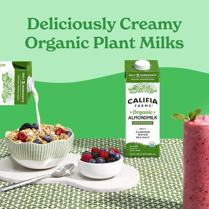 Califia Farms - Organic Unsweetened Almond Milk, 32 Oz (Pack of 6), Dairy Free, Vegan, Plant Based, Keto, Vegan, Gluten Free, Non GMO, USDA Organic