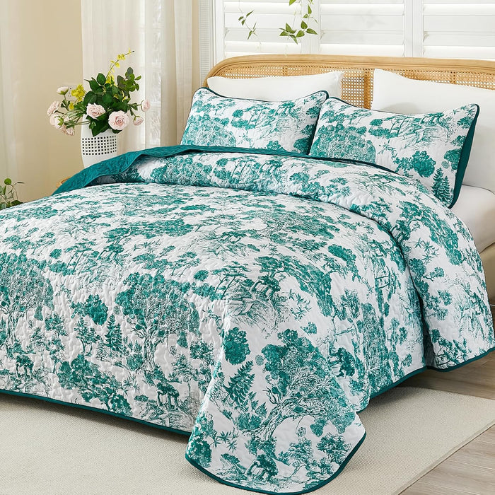 WONGS BEDDING Botanical Quilt Set Queen Size, Sage Green 3 Pieces Toile Floral Plants Printed Bedspread Bedding Set Soft Lightweight Microfiber Coverlet Set for All Season (96"x90")