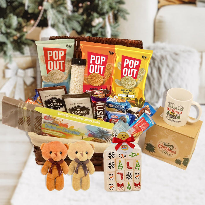 Christmas Gift Set Basket 50 Count, Includes Dubai Chocolate 200 g, Vanilla Marshmallow in Jar, Hot Cocoa Toppings, Cookies, Snacks, Two Teddy Bears and Christmas Mug, Holiday Party Favors or Gift Basket for Friends Students