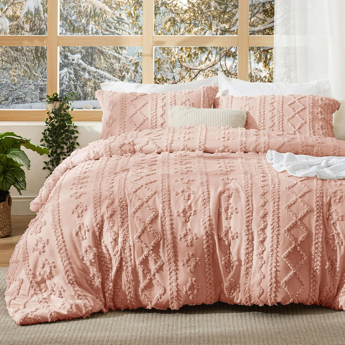 Bedsure Tufted Boho Comforter Set Queen Size - Beige Boho Bed Set, GentleSoft™ 3 Pieces Farmhouse Shabby Chic Embroidery Bedding, Gifts for Woman, Soft Jacquard Queen Comforter for All Seasons