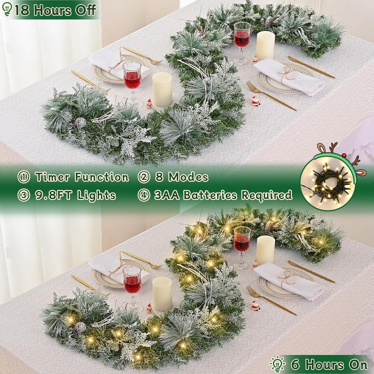 6 FT Christmas Garland with Lights, Artificial Flocked Pine Garland for Mantle, Lighted Garland Real Touch Norfolk Pine with Frost Leaves Pinecones for Indoor Outdoor Christmas Decorations