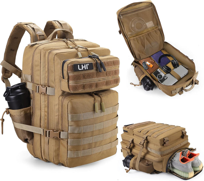 LHI Military Tactical Backpack for Men Molle Daypack 45L Army 3 Days Assault Pack Bag Large Rucksack With Bottle Holder Black and White(12*20*12)