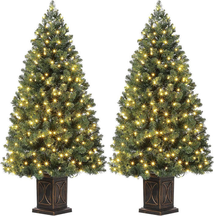 4.5 Ft Artificial Fiber Optic Christmas Tree, Pre-Lit Artificial Potted Xmas Tree with 300 Led Lights, 8 Lighting Modes, Includes Antique Urn Base, 1 PCS