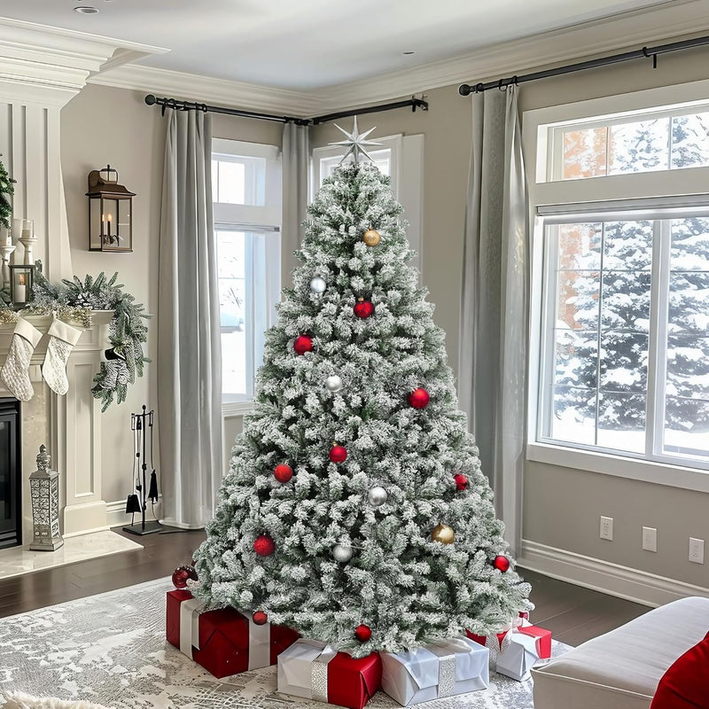 YITAHOME Snow Flocked Artificial Full Christmas Tree, Christmas Pine Tree with 880 Branch Tips, and Foldable Base for Home, Party Decoration(6ft)