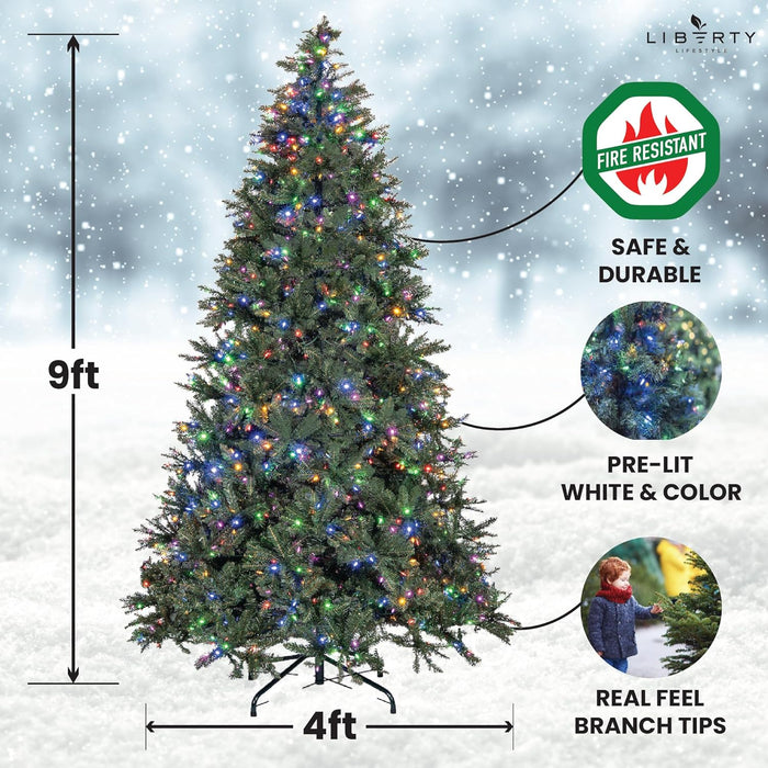 Christmas Tree 9 ft- Pre-Lit White and Multi-Color Premium LED Lights - Artificial Full Christmas Tree Includes Stand, Remote, and Free Bag