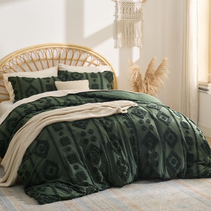 Bedsure Boho Duvet Cover King - Dark Green Tufted Boho Bedding, Farmhouse Shabby Chic Embroidery Bedding for All Seasons, 3 Pieces, 1 Soft Jacquard King Comforter Cover and 2 Pillow Shams