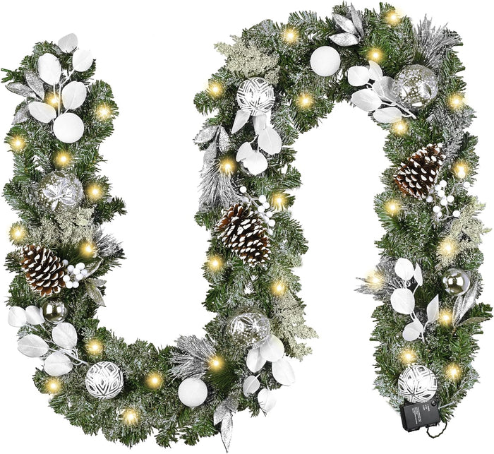 Valery Madelyn 6 Feet Pre-Lit Christmas Garland with Lights for Mantle, Lighted Outdoor Xmas Garland with Snowy White Ball Pinecones for Home Stairs Fireplace Table Centerpiece Indoor Holiday Decor