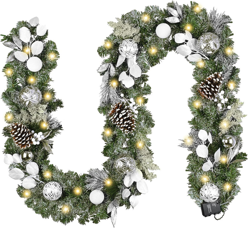 Valery Madelyn 6 Feet Pre-Lit Christmas Garland with Lights for Mantle, Lighted Outdoor Xmas Garland with Snowy White Ball Pinecones for Home Stairs Fireplace Table Centerpiece Indoor Holiday Decor