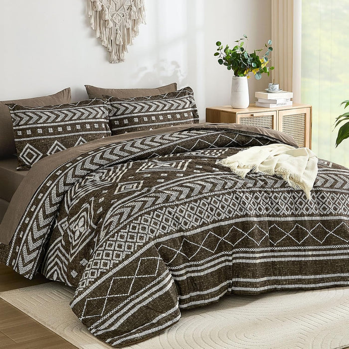 Yiran Black Comforter Set Queen Size, Boho Aztec Comforter Bedding Set, 7 Piece Bohemian Summer Bed in a Bag, Soft Microfiber Striped Complete Bedding Set with Sheets for All Season