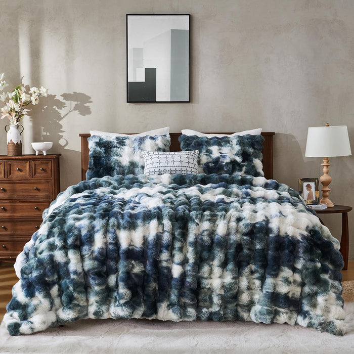 Wonderful 3 Pieces Fluffy Faux Rabbit Fur Bubble Comforter Set King Size, Tie-Dyeing Multiple Grey Plush Fuzzy Bedding Set, Warm Soft Bubble Comforter Bedding Set for Winter