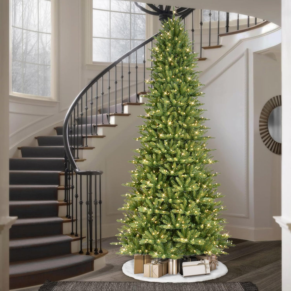 Puleo International 9 Foot Pre-Lit Slim Fraser Fir Artificial Christmas Tree with 800 UL Listed Clear Lights, Green