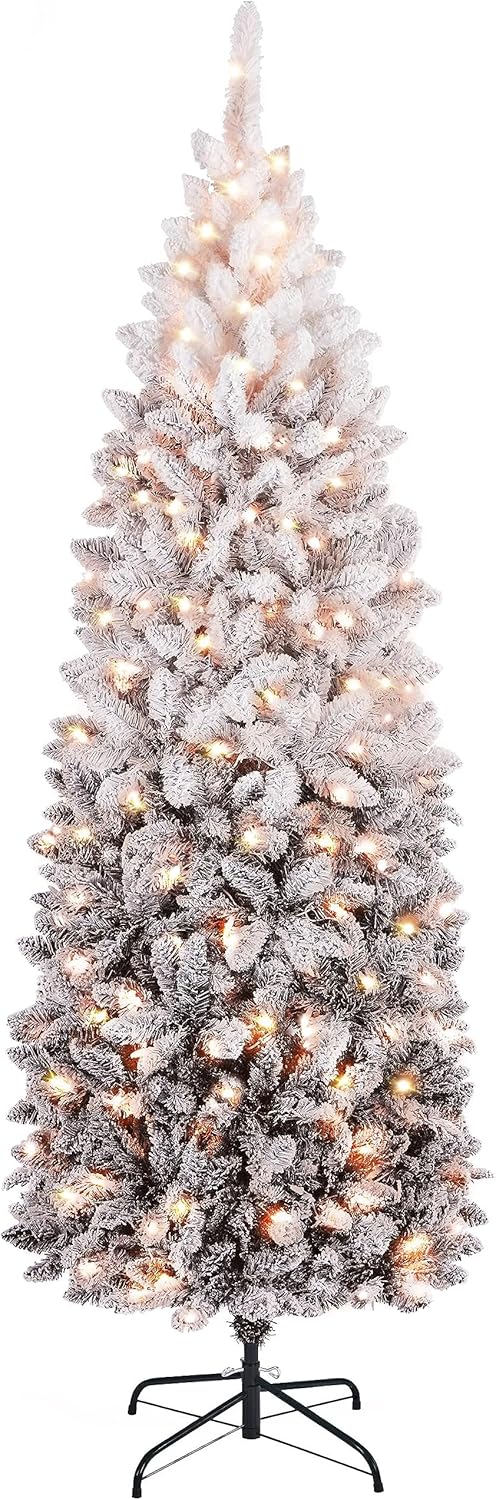 Yaheetech 7.5ft Pre-lit Kingswood Fir Pencil Artificial Hinged Christmas Tree Skinny Corner Xmas Tree with 350 Incandescent Warm White Lights Prelighted Xmas Tree with Foldable Stand, Green