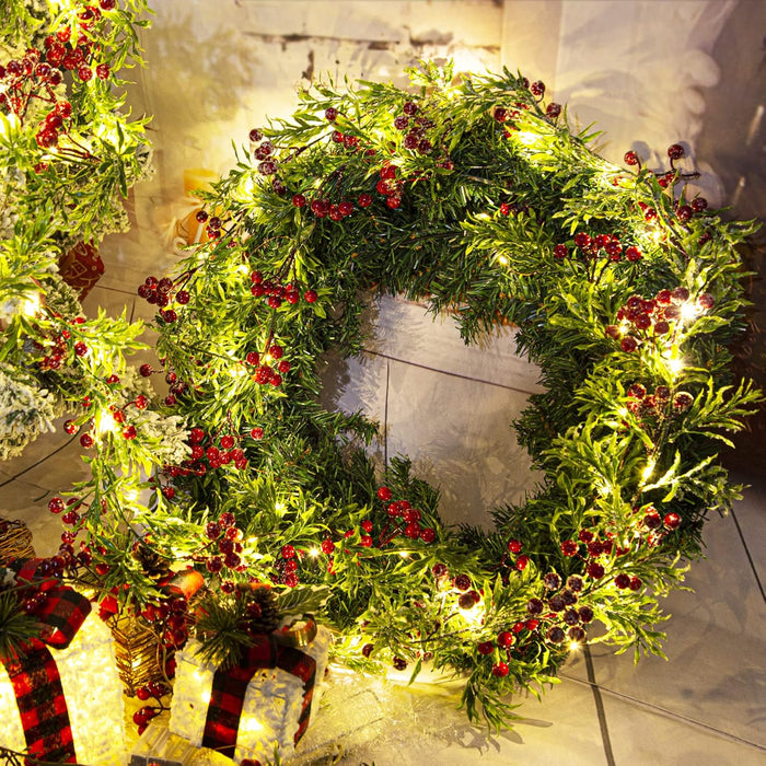 5.9FT Artificial Christmas Garland String Lights with 162 Snowy Red Berries 55 Green Leaves 20 LED Lights Battery Operated for Xmas Mantle Indoor Outdoor Holiday Christmas Thanksgiving Decoration