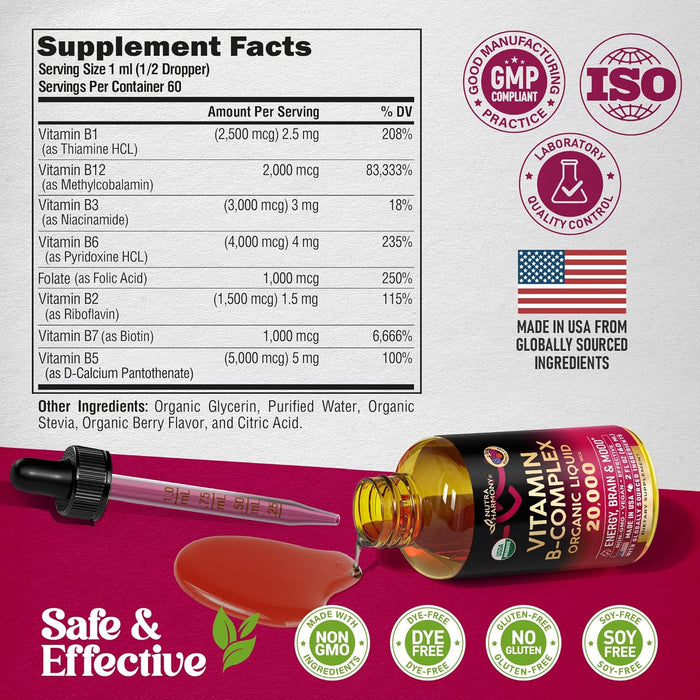 USDA Organic Vitamin B-Complex B5 Pantothenic Acid | B12 Methylcobalamin | B1 Thiamine | B6 Pyridoxine | B7 Biotin | B9 Folic | B3 Niacinamide - B Complex Liquid Drops, Made in USA Supplement, 2fl oz