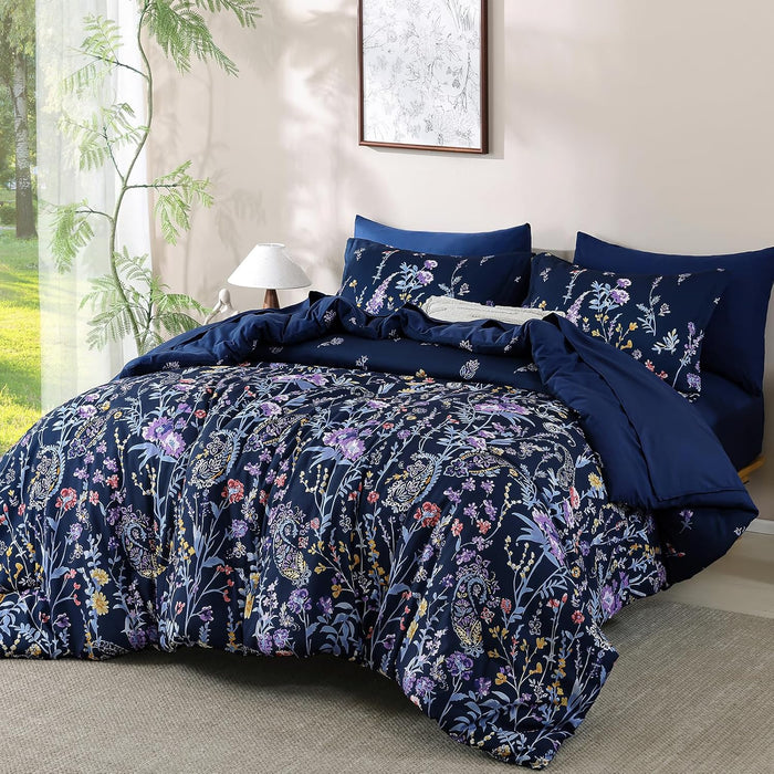 Yiran Blue Floral Comforter Set Queen Size, 7 Piece Watercolour Botanical Comforter Bedding Set, Bed in a Bag Queen, Soft Microfiber Complete Bedding Set with Sheets for All Season
