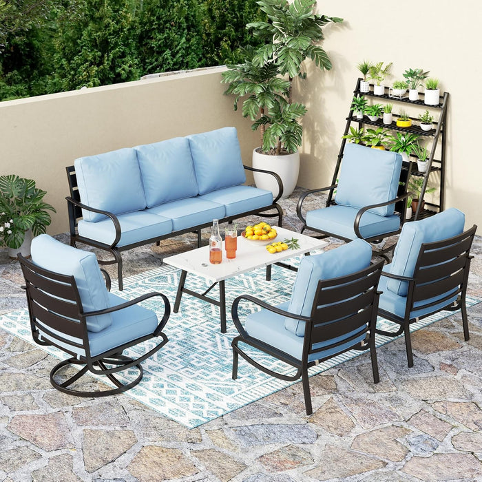 PHI VILLA 4 Piece Patio Furniture Sets for 5 Person with 1 x 3-Seat Deep Seating Bench, 2 x Cushioned Swivel Sofa Chairs & 1 x Coffee Table, Outdoor Metal Conversation Set for Lawn Garden, Red