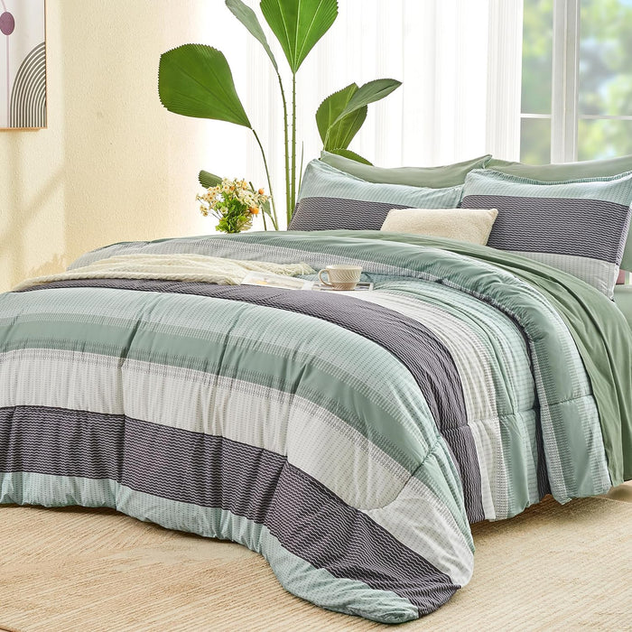 Andency Queen Comforter Set Mineral Blue - 7 Pieces Blue Striped Lightweight Bed in a Bag, Soft Microfiber Reversible Bedding Set with Comforter, Fitted & Flat Sheet, Pillowcases & Shams