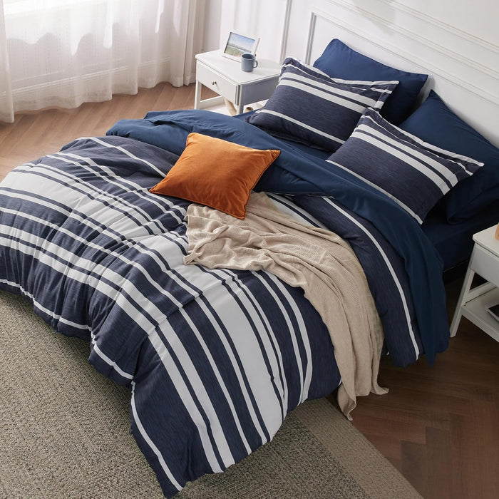 Bedsure Queen Comforter Set 7 Pieces, Frost Grey Striped Bedding Set for All Seasons, Reversible, Cationic Dyeing Bed in a Bag with Comforter, Sheets, Pillowcases & Shams