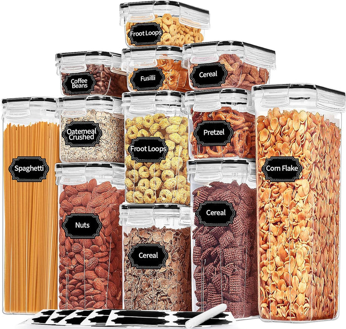 PRAKI 30 Pack Airtight Food Storage Containers for Kitchen Pantry Organizers and Storage, Plastic Kitchen Storage Canisters with Lids,Cereal, Flour & Sugar Containers - Labels, 6 Spoon & Marker